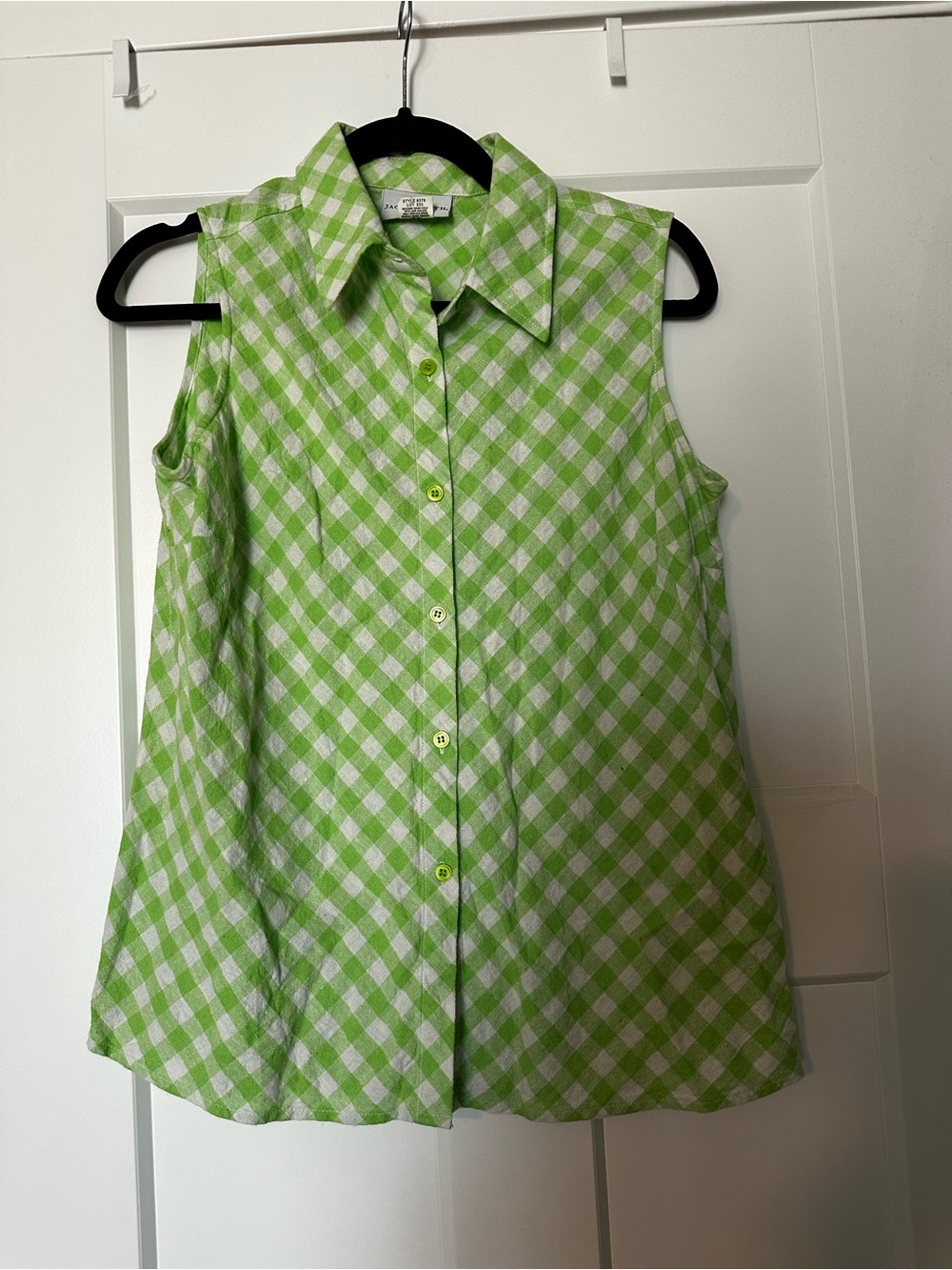 Vintage Linen Blend Green Gingham Button-Up Top